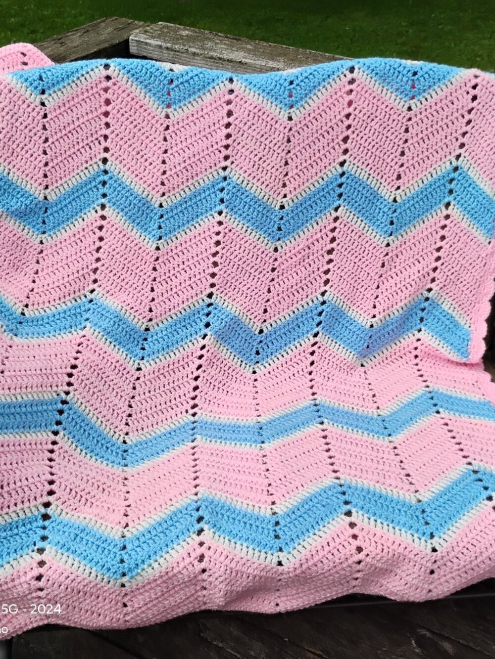 hand crocheted pastel baby colored blanket afghan pink w white stripes and blue